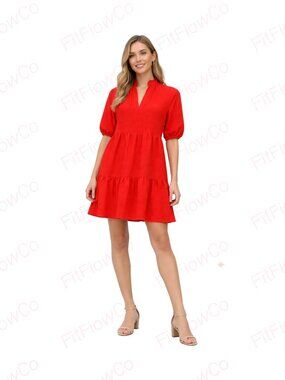 1.STATE Red Tiered Babydoll Mini Dress XS Puff Sleeve Ruffle Neck EUC